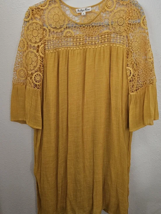 Indigo Rose Mustard Yellow Boho Crochet Lace Mini Dress | Bell Sleeve Bohemian M - Picture 3 of 10